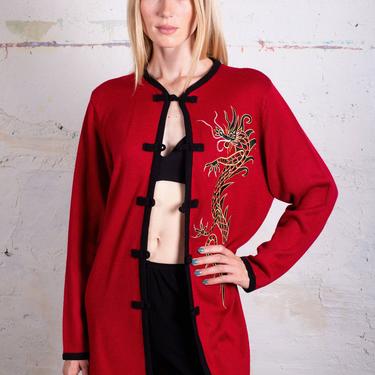 Vintage Bob Mackie 1990s Embroidered Dragon Cardigan sz M Wearable Art Duster Kimono Sweater Red 