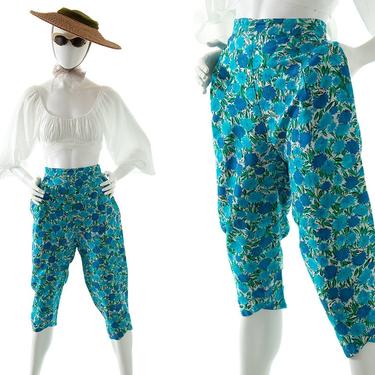 Vintage 1950s Capri Pants | 50s Blue Floral Printed Cotton High Waisted Slim Fit Trousers with Pockets (small/medium) 