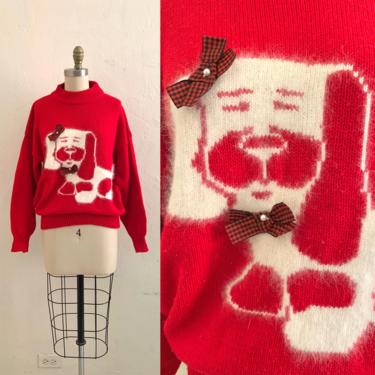 vintage 80's red dog knit sweater with bows 