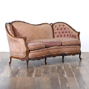 Carved Victorian Sloped & Tufted Back Pink Sofa