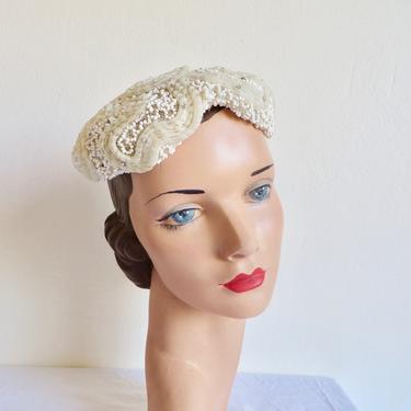 Vintage 1950's Ecru White Juliet Cap Hat Beads Rhinestones Soutache Trim 50's Bridal Wedding Head Piece Scruggs Vandervoot 50's  Millinery 