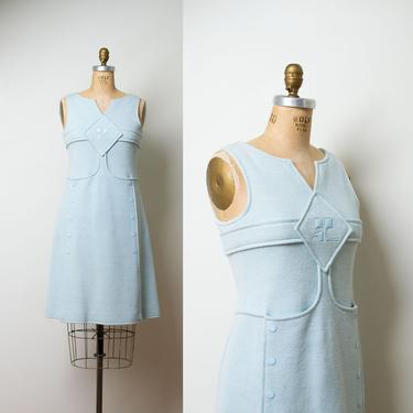 1970s Courreges Dress / 70s Baby Blue Wool A Line Mod Space Age Dress 