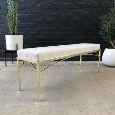 Mid-Century Modern Brass Bench with New Tweed Upholstery 
