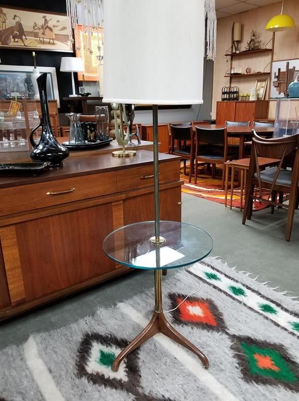 Mid-Century Modern walnut brass and glass floor/table lamp