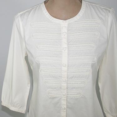 Embroidered White Cotton Blouse Small, Button Up Top, 3/4 Sleeve Collarless Shirt, Casual Clothes Women, Vintage Clothing from Chicos 