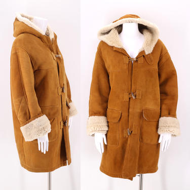 vintage OVERLAND OUTFITTERS suede shearling coat M / vintage 1980s brown sheepskin fleece toggle winter fur coat L 