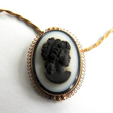 Black Glass Cameo Pendant/Brooch on Sterling Vermeil Chain 