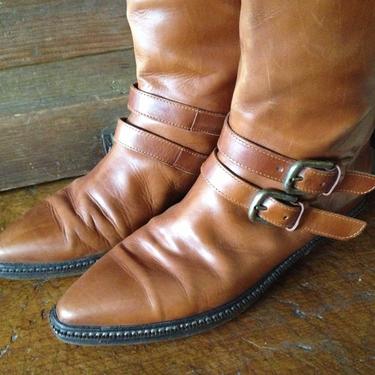Joan and David Leather Boots, Made in Italy, Cognac Brown, Equestrian Harness Belted Riding Boots Womens Size 8  8.5 US 