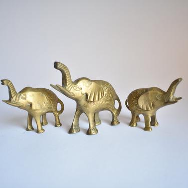 Vintage Family of Brass Elephants | Three Indian Golden Figurines | Mantle Decor | Housewarming Gift | Baby Shower Gift | Firstborn Child 