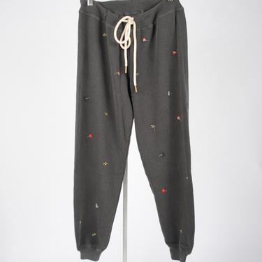 The Cropped Sweatpant - Washed Black with Tossed Floral Embroidery