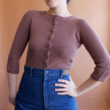 Vintage Milk Chocolate Button Up Sweater/ Brown Quarter Length Sleeve Knit Top/Size Small 