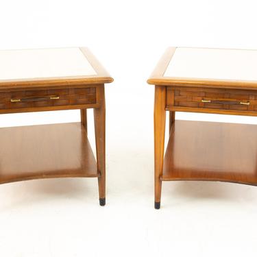 Lane Perception Mid Century Travetine Top Side End Tables - Pair - mcm 