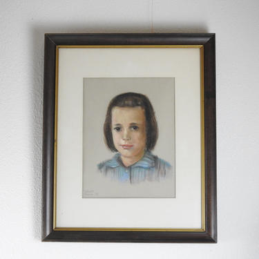 Vintage Framed Pastel Portrait / Large Child's Portrait / Original Pastel Drawing 