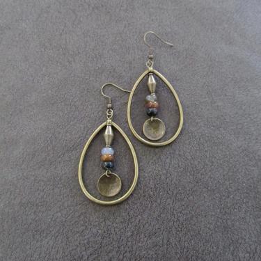 Jasper earrings, bronze hoop earrings, bohemian earrings, rustic boho earrings, artisan ethnic earrings, tear drop hoop earrings 
