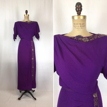 Vintage 40s dress | Vintage purple rayon crepe sequins evening dress | 1940s long maxi crepe evening gown 