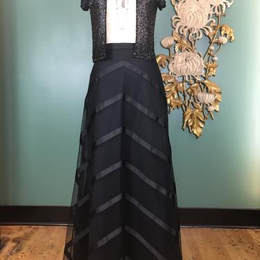 1990s maxi skirt, sheer black net, chevrons ribbons, vintage 90s skirt, formal, evening ear, holiday skirt, medium, 29 waist, chetta b 