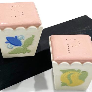 Vintage 1950s Pink and White Hand Painted Ceramic Floral Salt and Pepper Shakers FREE Shipping 