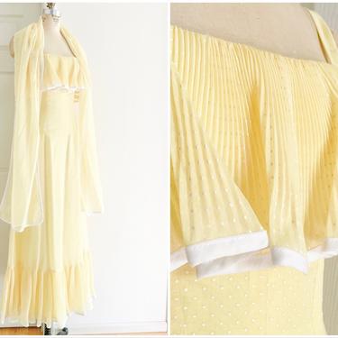1960s 70s Yellow Ruffle Maxi Dress + Wrap Miss Elliette 