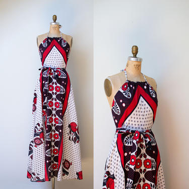 1970s Printed Cotton Halter Dress / 70s African Kenyan Maxi Dress 