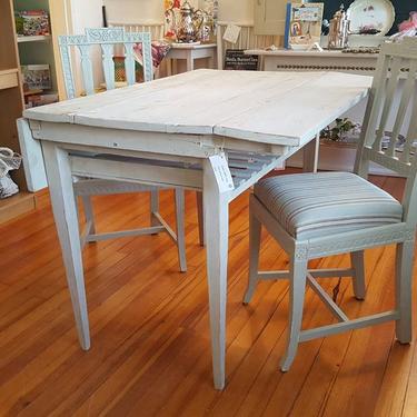Swedish Drop Leaf Kitchen Table with  built-in shelf, Swedish Antique White 1800s 20&quot; (51cm) wings down, 35&quot; (89cm)wid wings up, 39.25&quot; (100cm) Long, 29&quot; (74cm) High. $375. 