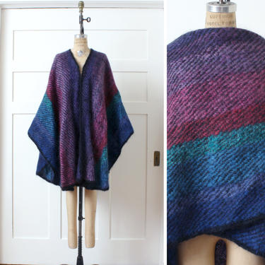 hand knit mohair cape • amazing striped wrap in black purples &amp; blues • womens full length poncho 