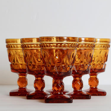 Kings Crown Glassware, Amber Yellow Glassware Vintage  Glassware, Tiffin, Amber Yellow, Kings Crown, Wine Glasses. Wine Glassware Set of 6 