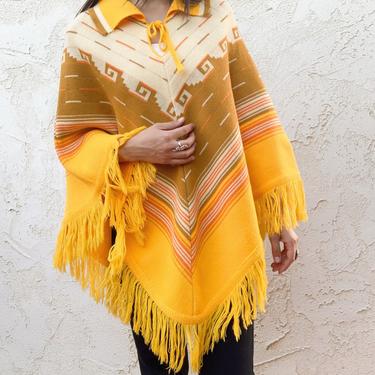 Vintage 70's Striped Patterned Yellow Knitted Poncho 