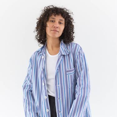 Vintage 60s Blue Striped Button Down Blouse | Stripe Cotton Pajama shirt | M | 