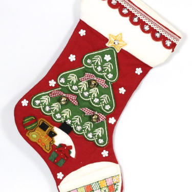 Handmade Christmas Tree w/ Toys Embroidered &amp; Embellished Red Christmas Stocking 