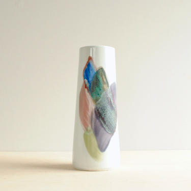 Vintage Modern Ceramic Flower Vase with Purple, Pink, Green, and Blue Abstract Glaze 