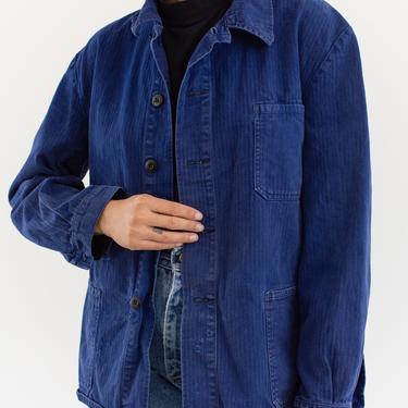 Vintage Blue Chore Jacket | Unisex Herringbone Twill Cotton Utility Work Coat | M L | FJ049 