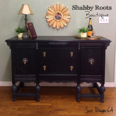 SOLD *Portfolio purpose only* Beautiful navy and gold glazed antique vintage bohemian sideboard buffet boho chic, coastal, bold. San Diego, by Shab