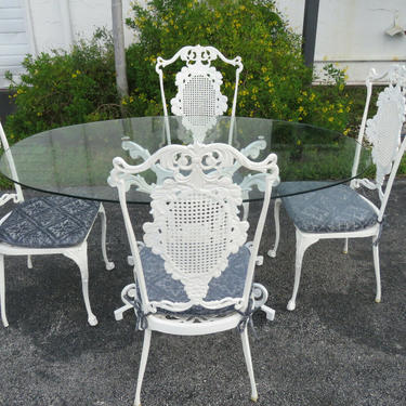 Hollywood Regency Patio Outdoor Rod Iron Glass Top Dining Table 4 Chairs 1618
