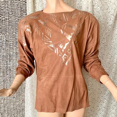 Hippie Leather Suede Top, Tunic, Embossed, Metallic, Hipster Vintage 