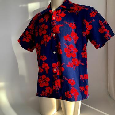 1960&#39;s Hawaiian Shirt - UI MAIKAI Label - All Cotton - Vivid Red Hibiscus on a Deep Blue Background - Patch Pocket - Men&#39;s Size Large 