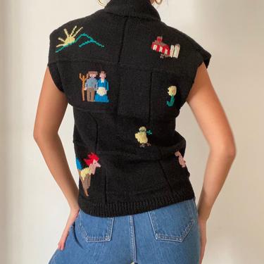 80s handknit folk sweater vest / vintage black wool handknit intarsia landscape folklore button up sweater vest waistcoat | M 