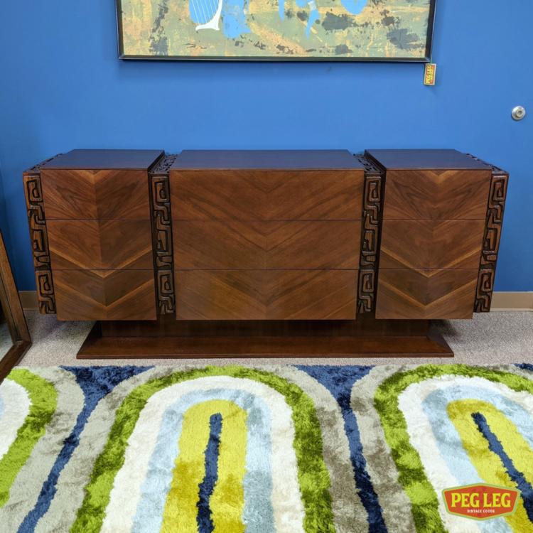 Mid-Century Modern walnut 9-drawer dresser with sculpted details by United