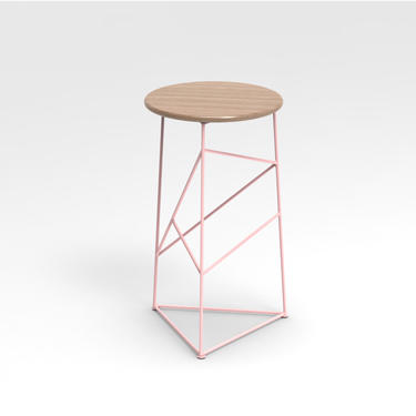 Stool, Modern Steel Bar Stool in Pink Finish with Solid Cherry Seat 