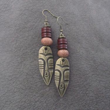 African mask earrings, tribal dangle earrings, bronze earrings, Afrocentric ethnic earrings, unique primitive earrings, tiki brown 