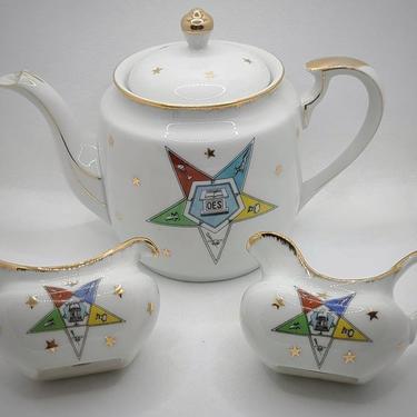 Vintage Order of the Eastern Star OES Masonic Teapot Cream and Sugar Set - Lefton China - Hand Painted 