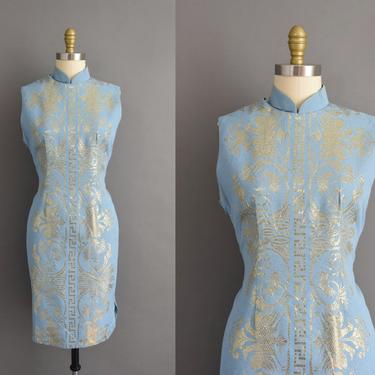 1950s vintage dress | Chambray Blue &amp; Gold Cocktail Party Cheongsam Wiggle Dress | Large | 50s dress 
