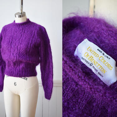 Vintage Purple Mohair Cropped Cable Knit by United Colors of Benetton | S/M | 1980s/1990s Mohair Pullover Sweater | Made in Italy 