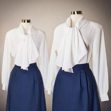Vintage Bow Collar Blouse, Large / White Wide Scarf Collar Blouse / Silky White Button Blouse / Long Sleeve Pussy Bow Dress Blouse 