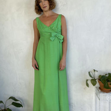 Lime Green Dream 1960s Vintage Rhinestone Studded Maxi Gown Dress - Small 