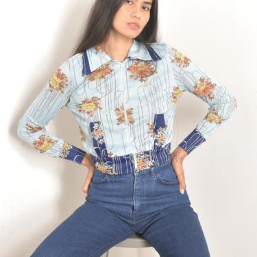 Vintage 1970s Blouse / 70s String of Pearls Zip Front Crop Top / Blue ( small S ) 