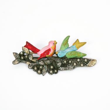 Vintage 30s Brooch | Vintage painted metal bird on a branch brooch | 1930s novelty accessory animal theme pin 