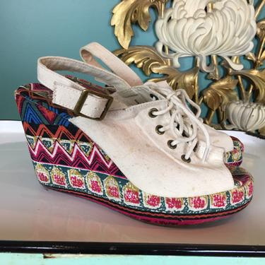 Vintage platform shoes, 1990s platforms, lace up shoes, open toe, wedge heel, size 8, festival style, vegan, fabric shoes, sling back, retro 