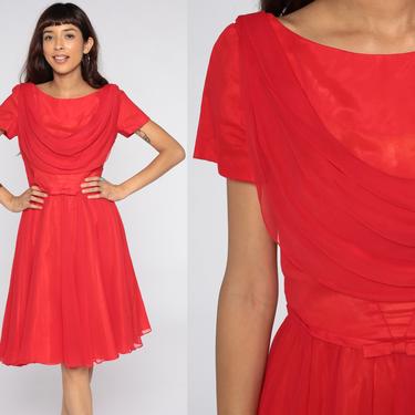 Red Chiffon Dress 60s Party Dress Emma Domb Dress Midi Cocktail 1960s High Waist Formal Evening Short Sleeve Prom Vintage small 
