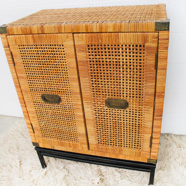 Vintage Wicker Rattan Woven Bohemian Cabinet with Brass Hardware and Black Legs 