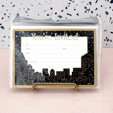 Vintage 1990s Party Invitations - Art Deco Black & Gold Cityscape Birthday New Year's Party Invites - Set/24 